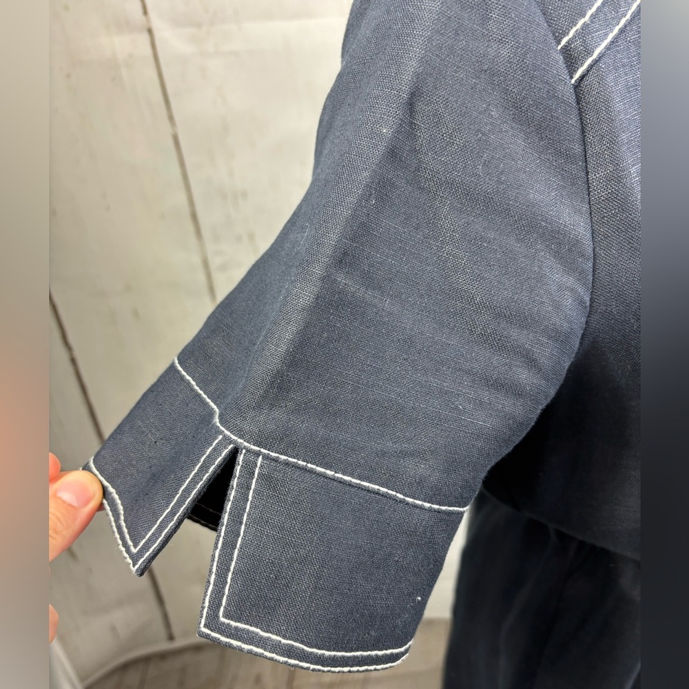 Linen Dress Button Up Navy White Stitching Belted - Picture 3 of 9
